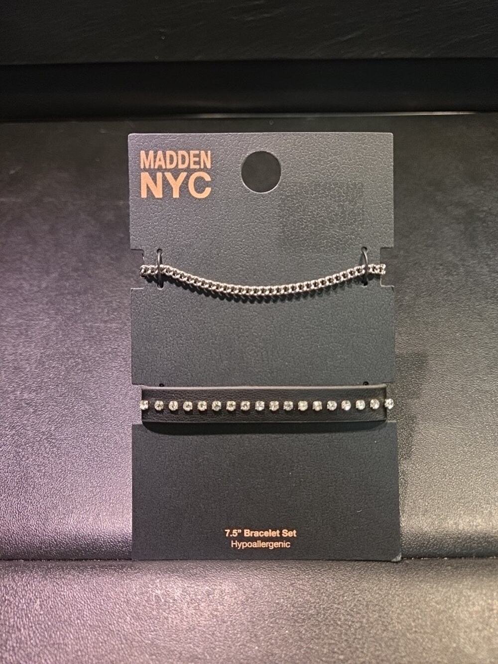 Madden NYC 2-Piece Bracelet Set New Hypoallergenic 7.5" Chain+Faux Leather Band